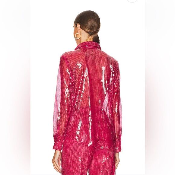 More To Come Wyatt Button Down Top in Hot Pink sequin blouse shirt Revolve - Picture 3 of 8